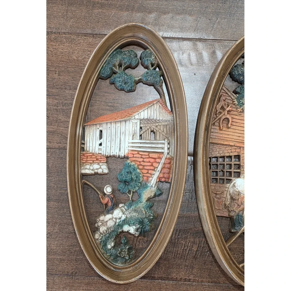 VTG 60s 3D Rustic Farmhouse Cottage Country Wall Art Plaques Set of 3 Oval Decor